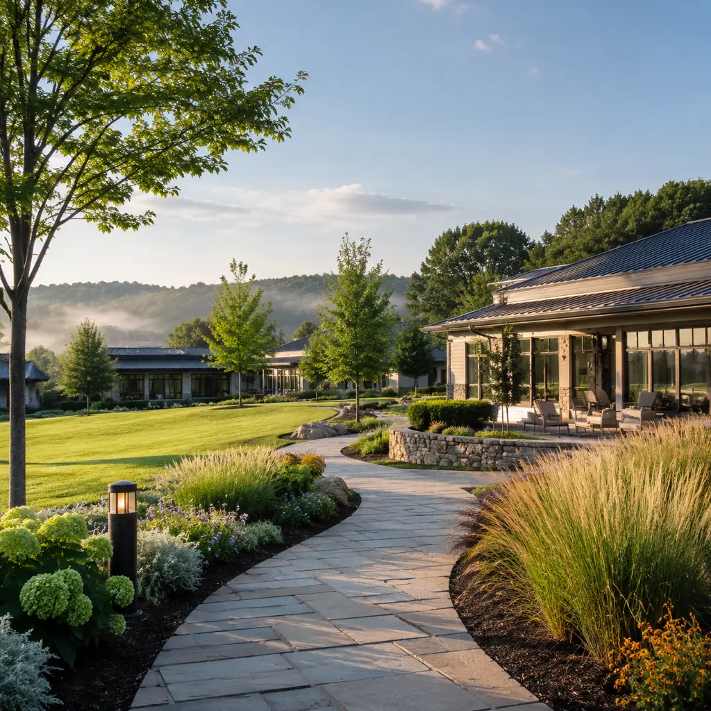 Realistic editorial photo of an elegant Pennsylvania retirement community with low modern buildings set in rolling green