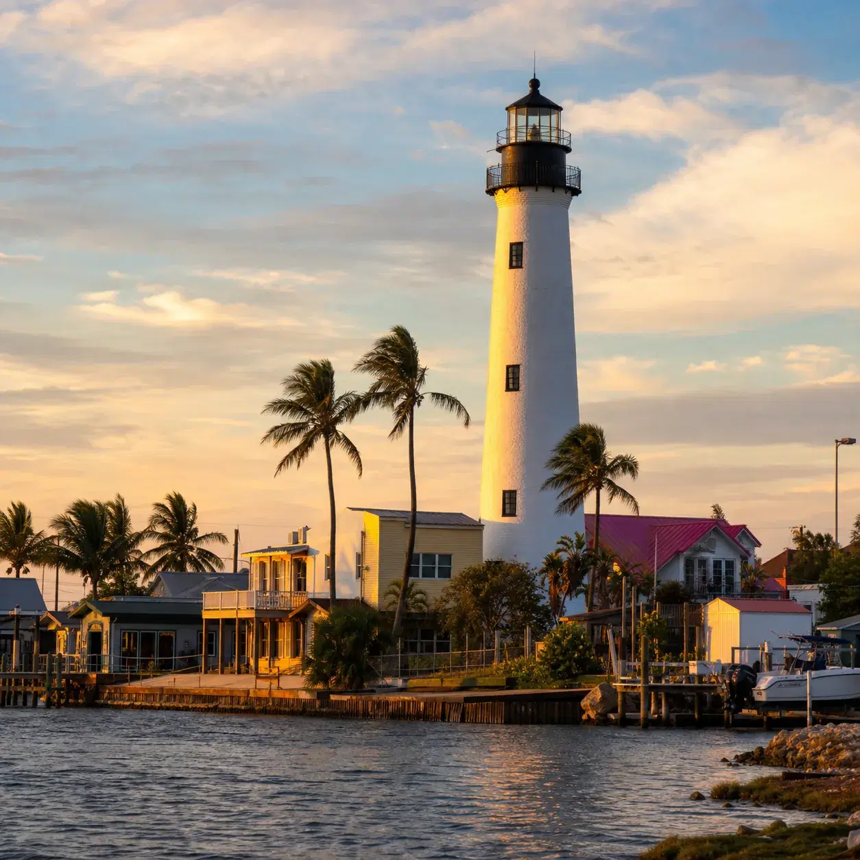 Realistic editorial photo of Port Isabel Texas with a historic lighthouse, coastal palms, low colorful buildings, and Gu
