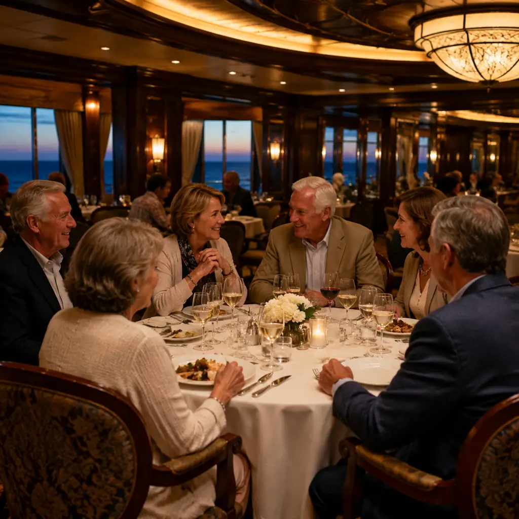 six mature cruise passengers who have just met sharing conversation around the same assigned dining table in a classic m