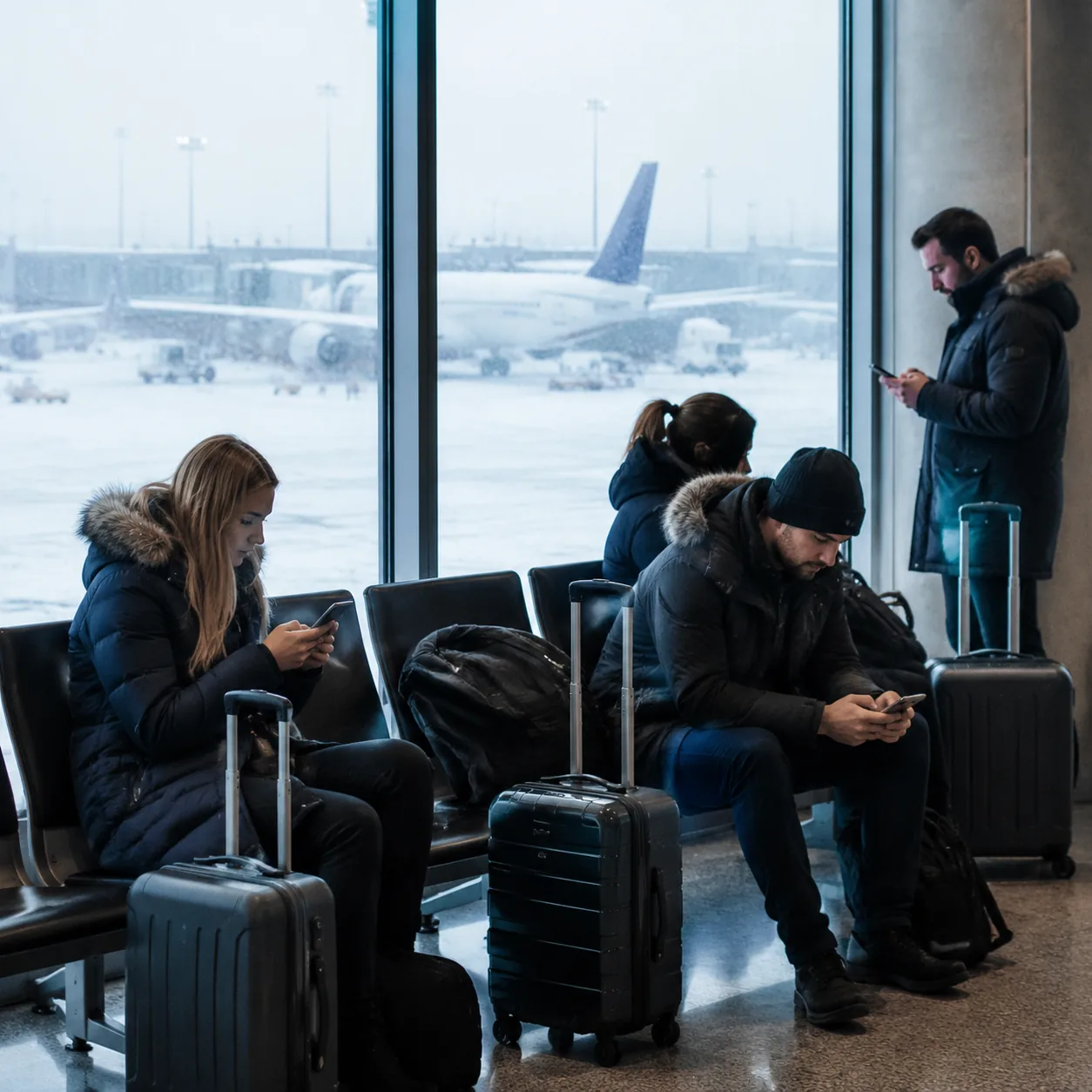 Snowy airport terminal window with travelers in winter coats checking phones near delayed-flight seating, suitcases at t