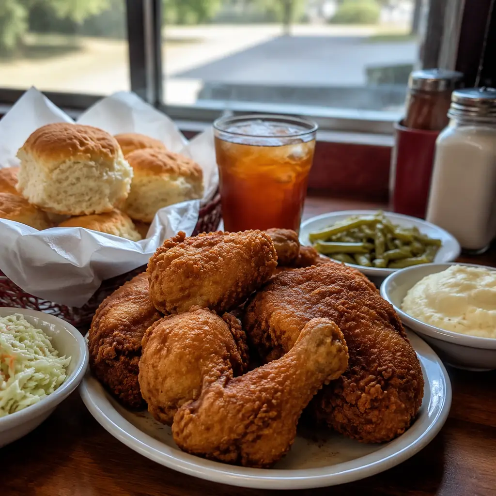 Southern roadside counter with seasoned fried chicken warm biscuits and picnic-style sides without logos, realistic trav