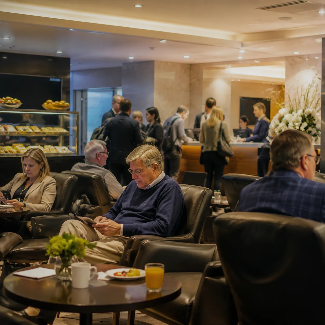 Traditional airline lounge with mature travelers seated in leather chairs, simple snack counter and busy reception desk 