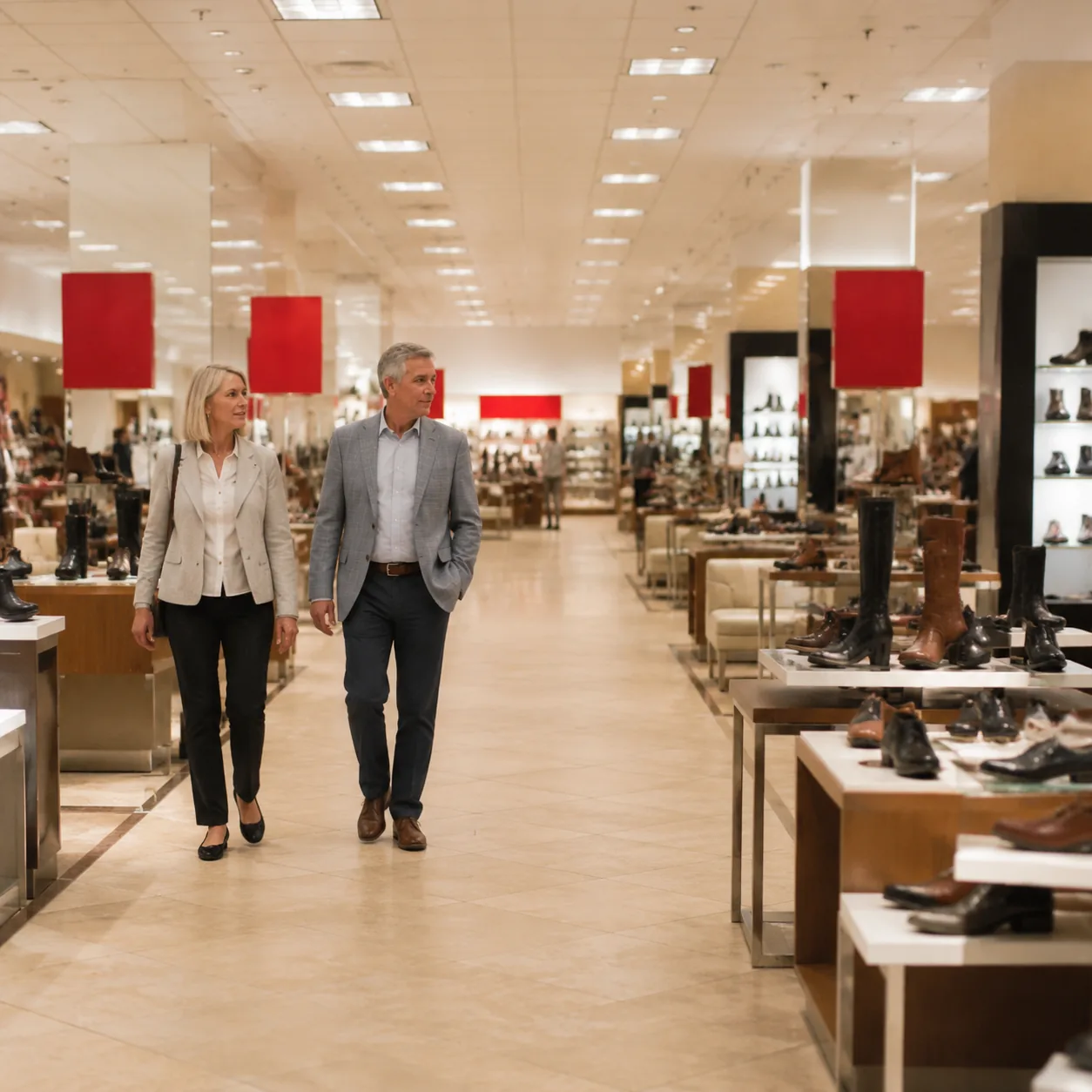 Traditional department store shoe department with sparse shoppers, sale signs, and a mature couple walking through wide 