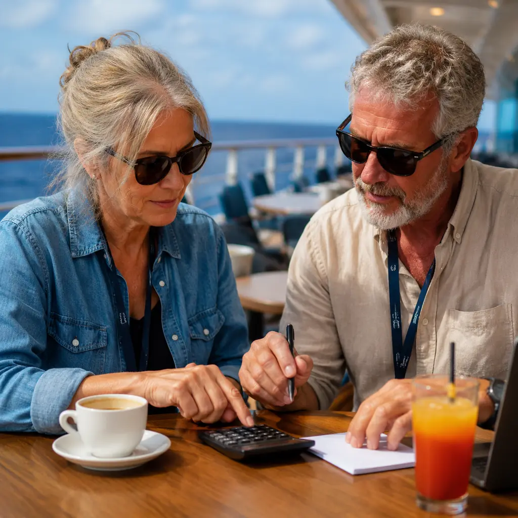 two seasoned cruise friends calmly comparing a drinks package with individual coffee and cocktail purchases using a calc