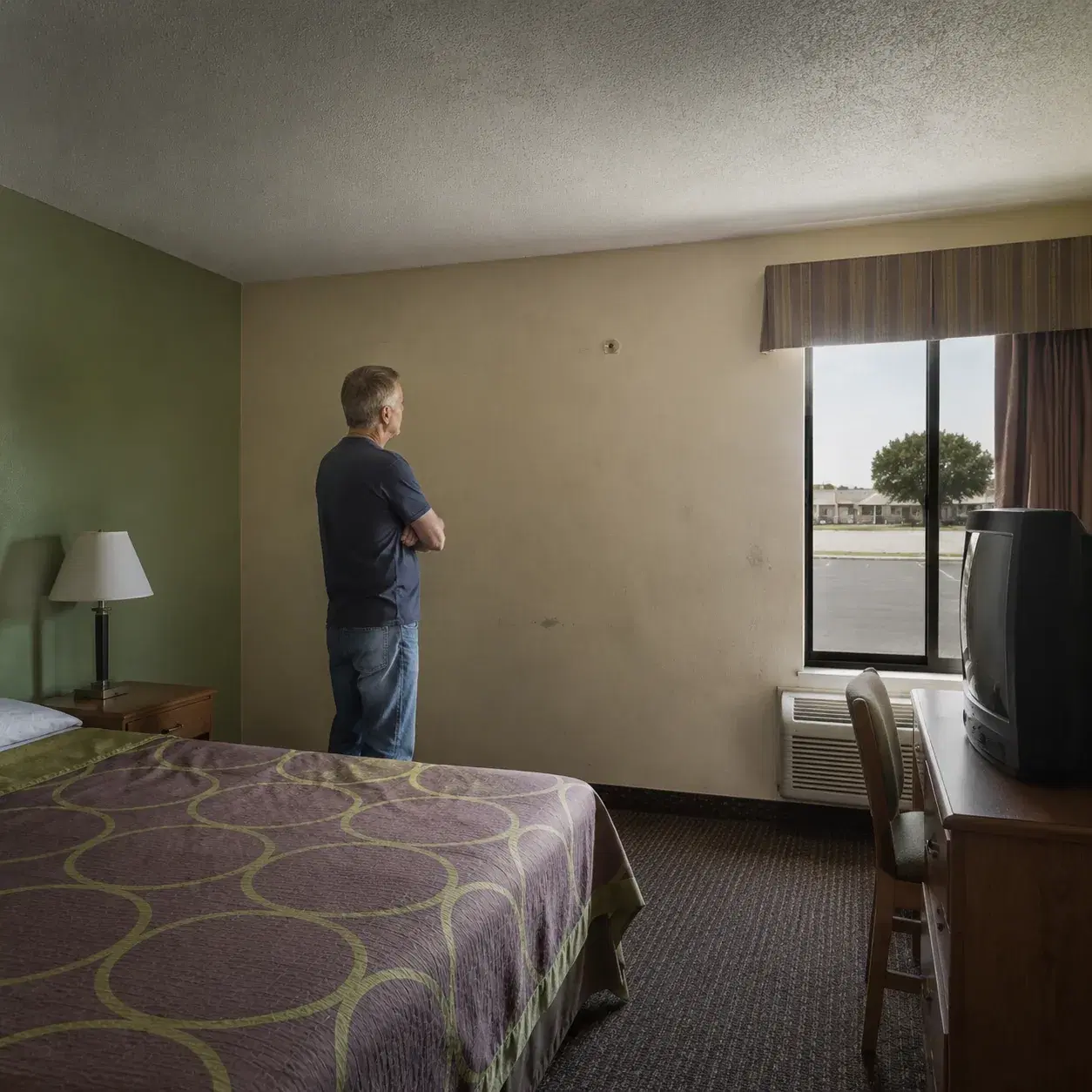 Bare Super 8 hotel room with thin pillows, outdated television on dresser, cheap desk chair, older American man standing