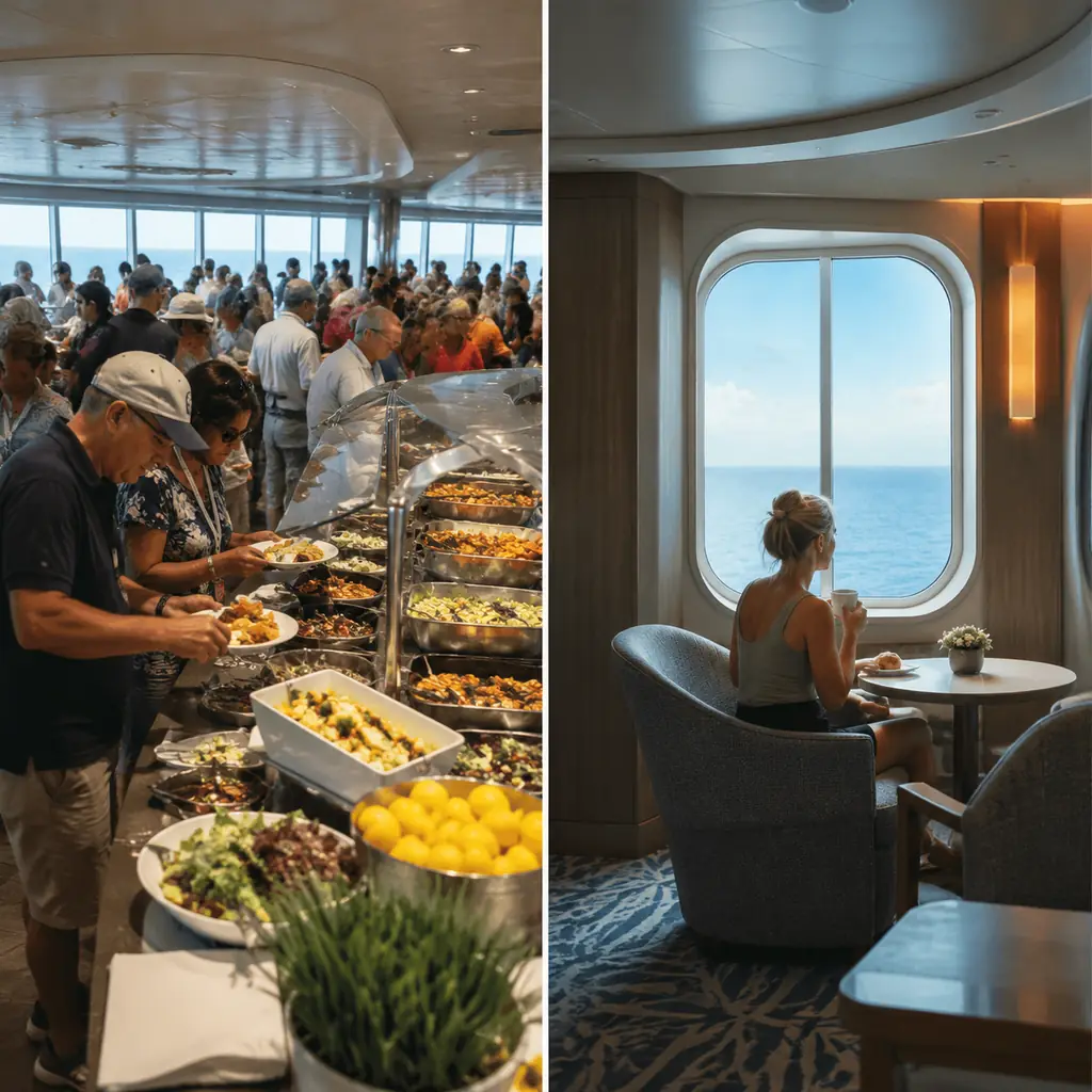 busy embarkation buffet contrasted with a quiet included cafe elsewhere on a cruise ship, realistic travel editorial pho