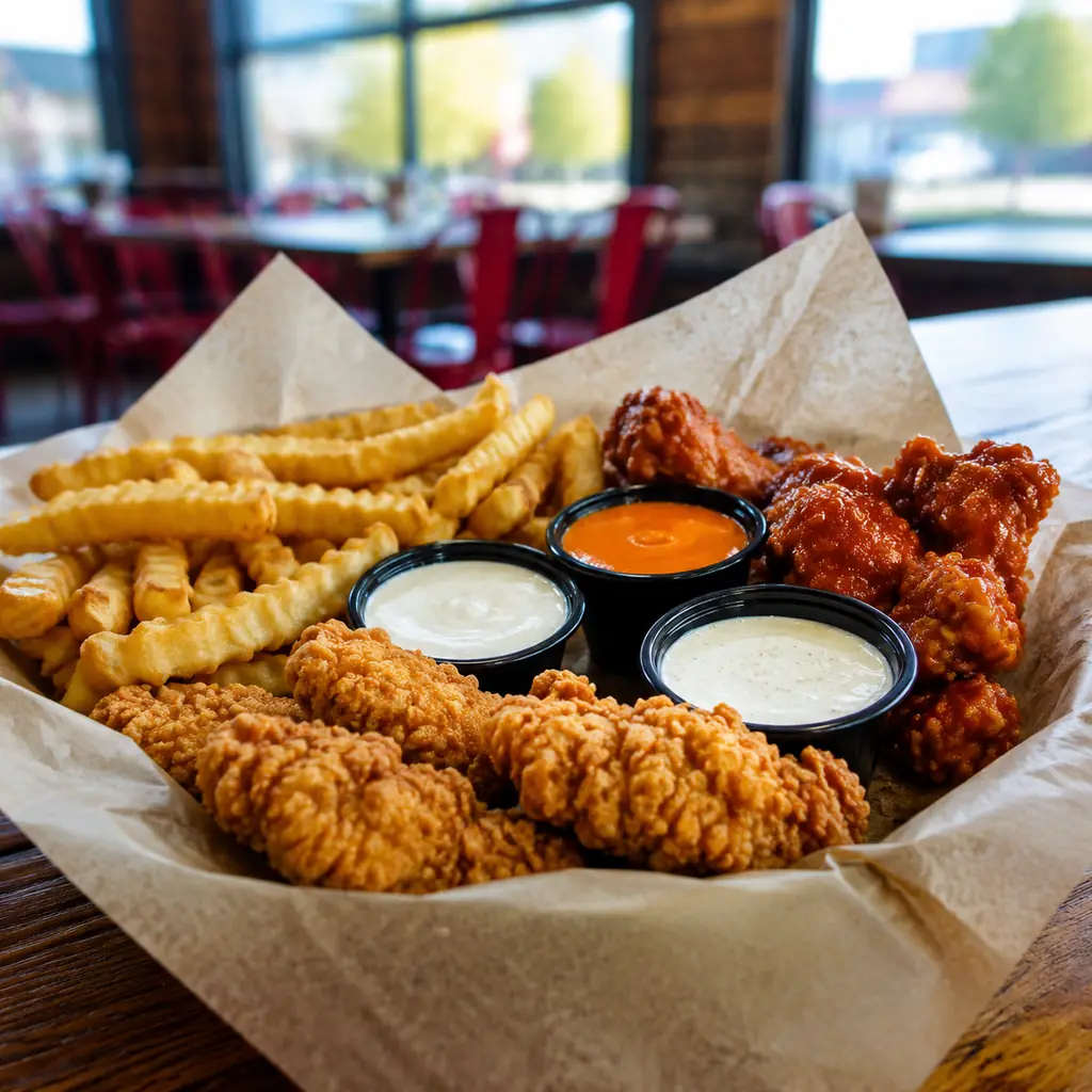 casual roadside chicken restaurant with fresh tenders wings fries and dipping sauces no branding, realistic travel edito
