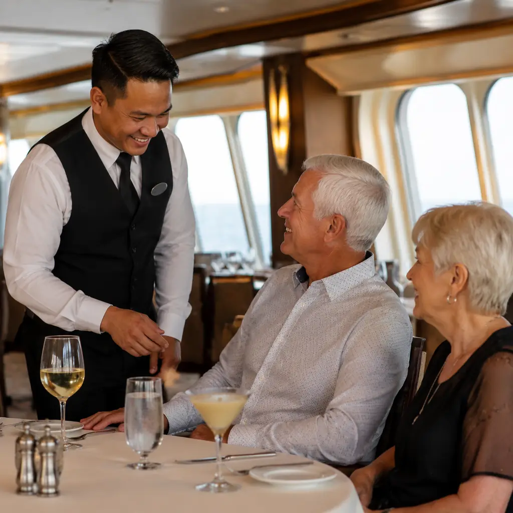 familiar cruise waiter greeting an older couple at their regular dining table with preferred drinks already placed, real