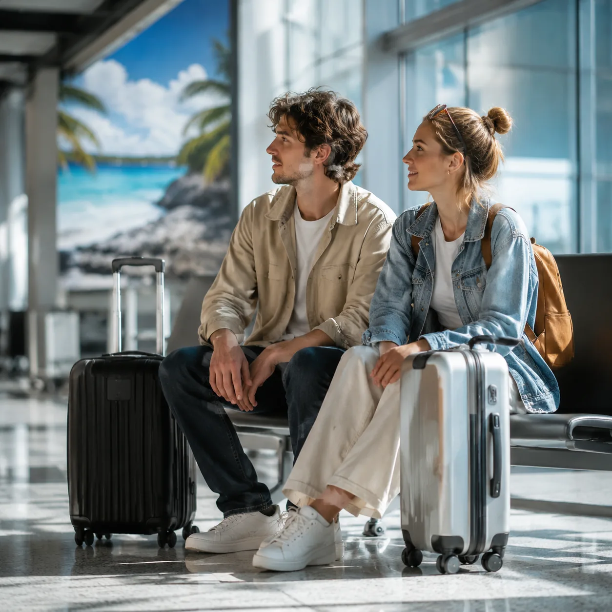 Leisure travelers waiting beside suitcases in a bright airport terminal near a tropical vacation advertisement blurred i