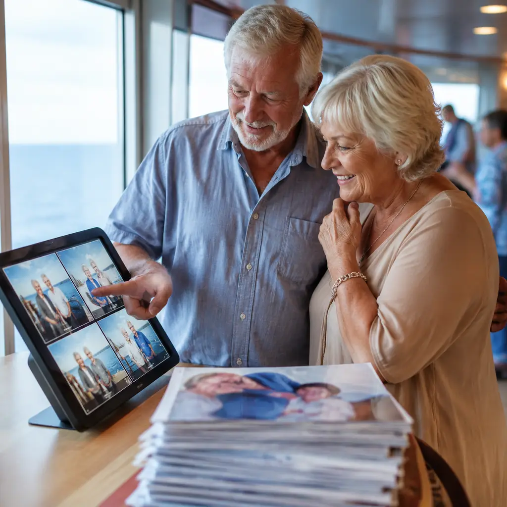 older couple reviewing a few cruise portraits on a gallery screen while ignoring a large stack of generic prints, realis