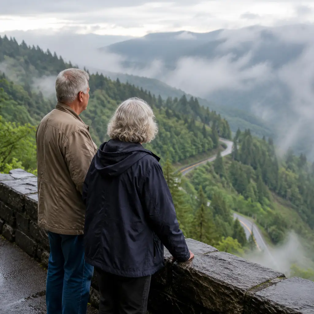 older travelers at Newfound Gap mountain overlook with a winding forest road and soft morning fog, realistic travel edit
