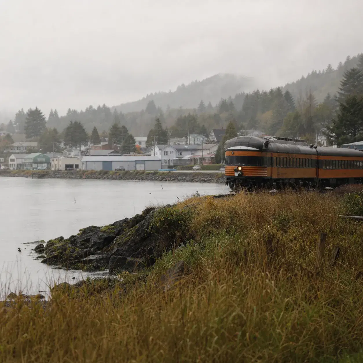 Realistic editorial photo of a historic train running beside Tillamook Bay on the Oregon Coast with mist, coastal grass,