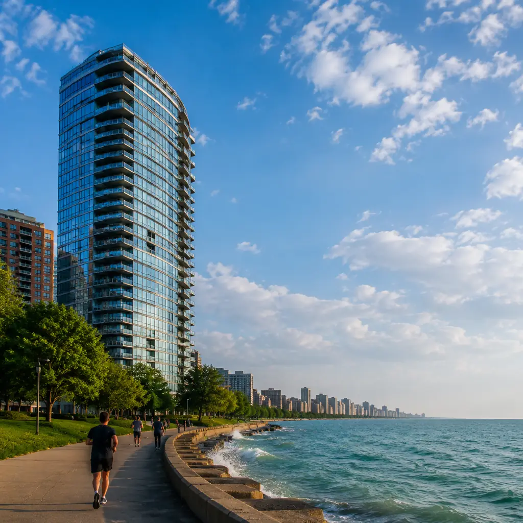 Realistic editorial photo of a modern glass residential tower beside Lake Michigan with a lakefront path, joggers and a