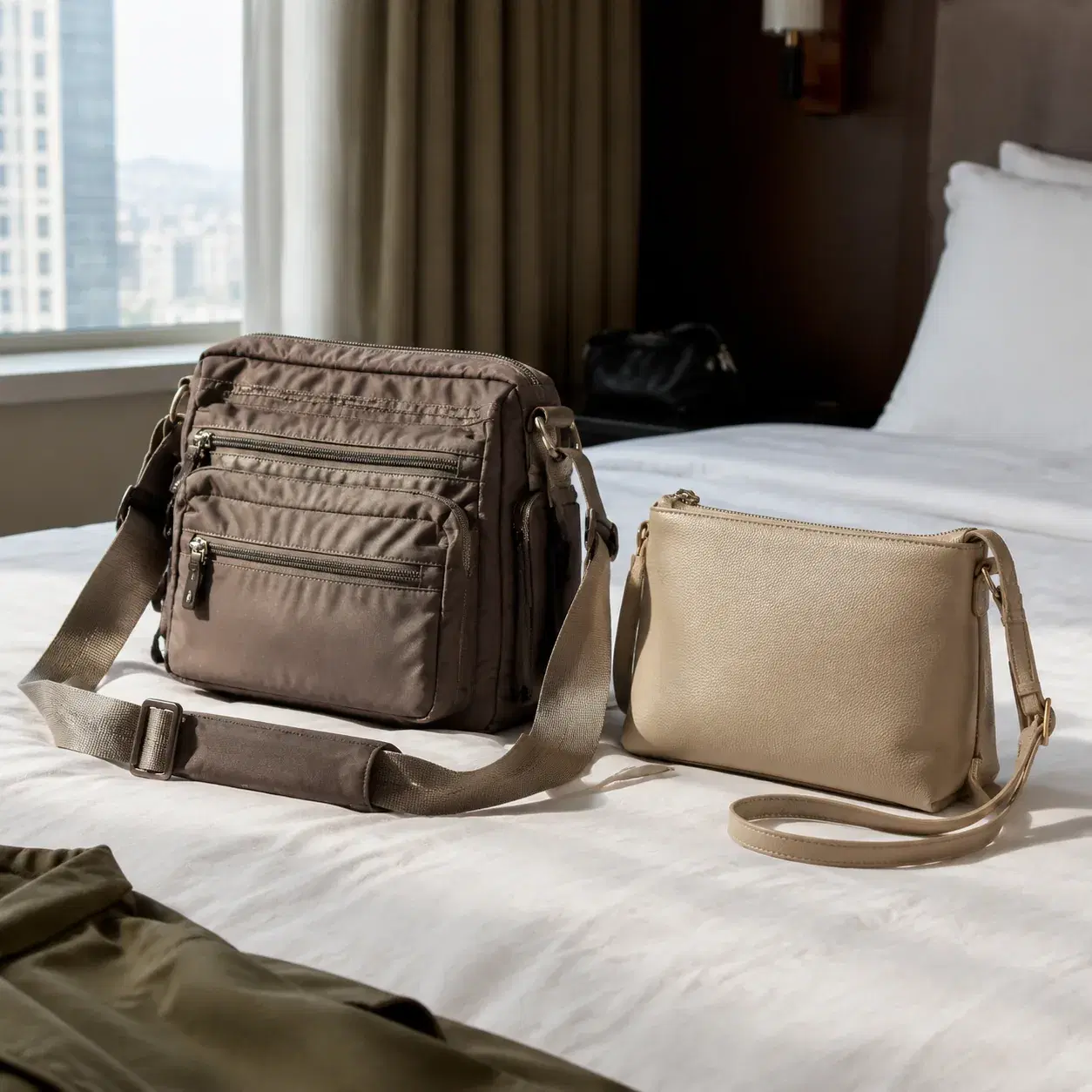 Realistic editorial photo of a practical but bulky travel crossbody bag with many zippers and thick strap beside a clean