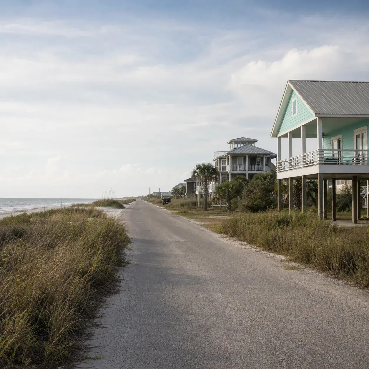 Realistic editorial photo of a quiet Alabama barrier island road on Dauphin Island with beach grasses, modest cottages, 