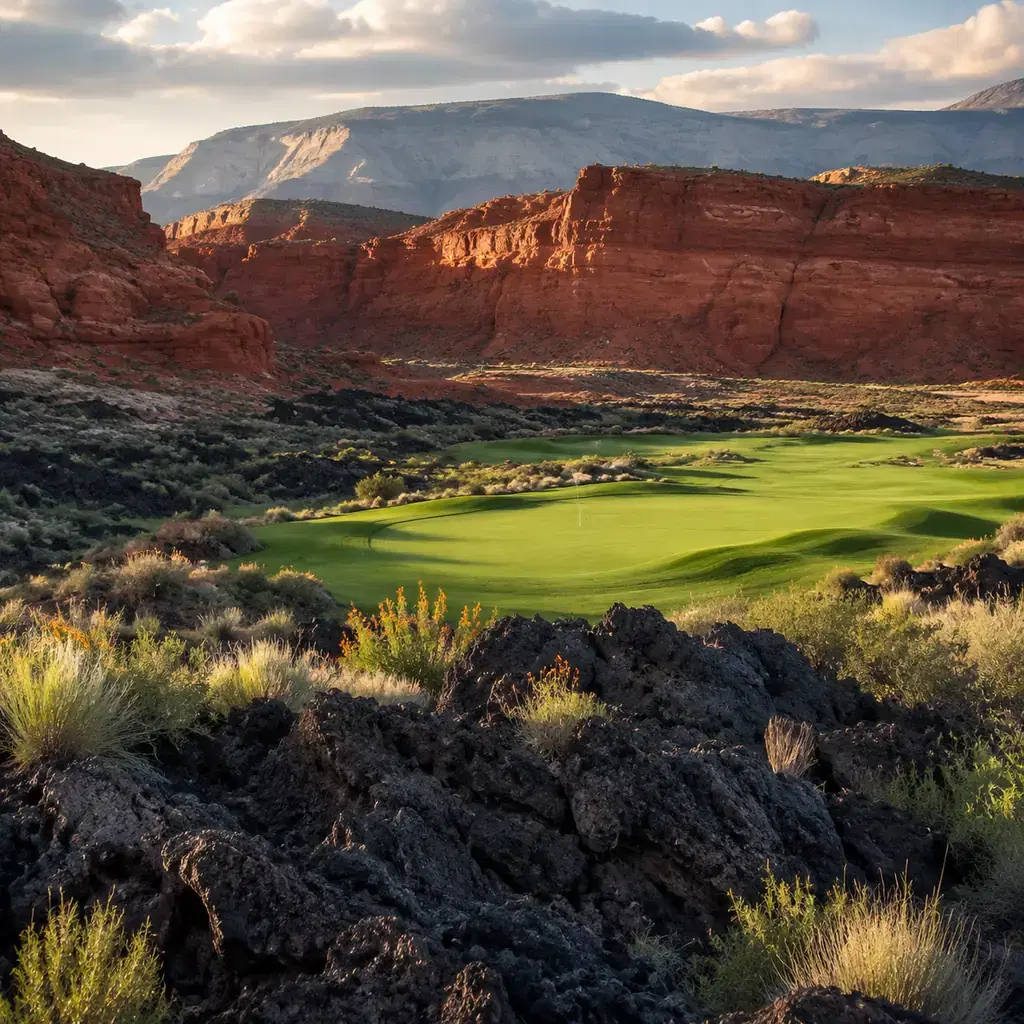 Realistic editorial photo of a Southern Utah desert golf hole with red rock cliffs, black lava rock, bright green fairwa