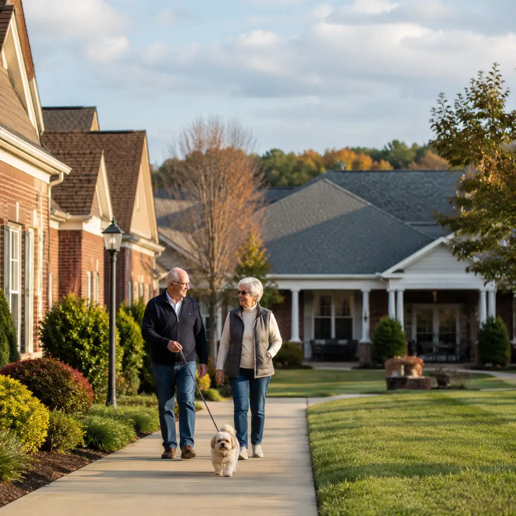 Realistic editorial photo of a suburban Pennsylvania retirement community with brick townhomes, tidy lawns and a clubhou