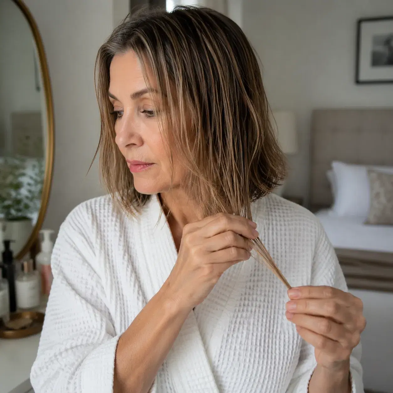 Realistic editorial photo of a woman over 50 holding the wispy thinned ends of a freshly washed lob haircut, bedroom van