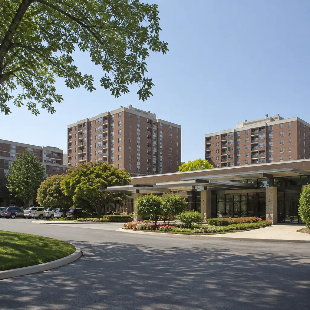 Realistic editorial photo of an established Columbus retirement campus with 1970s era buildings, updated entrance, matur