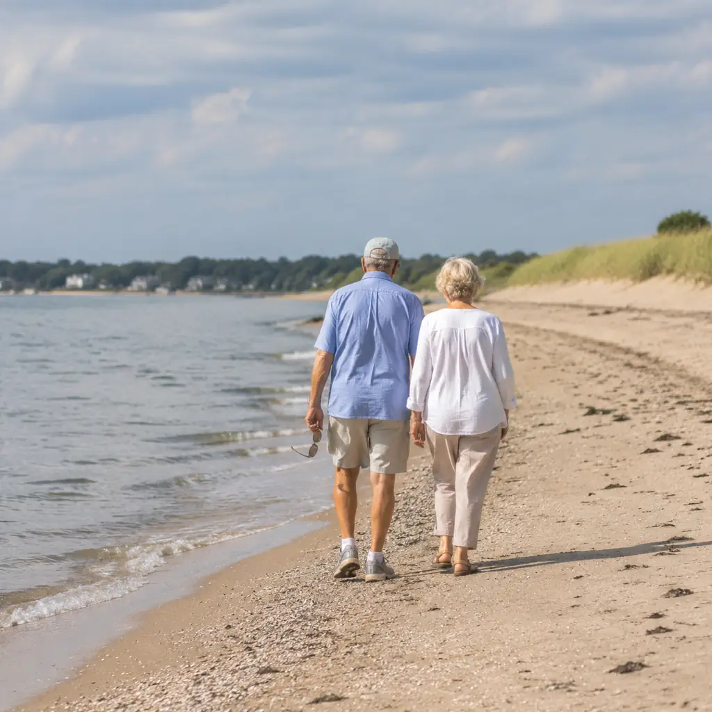 retired couple walking a calm Long Island Sound beach near Madison Connecticut with low waves and soft dunes, realistic 