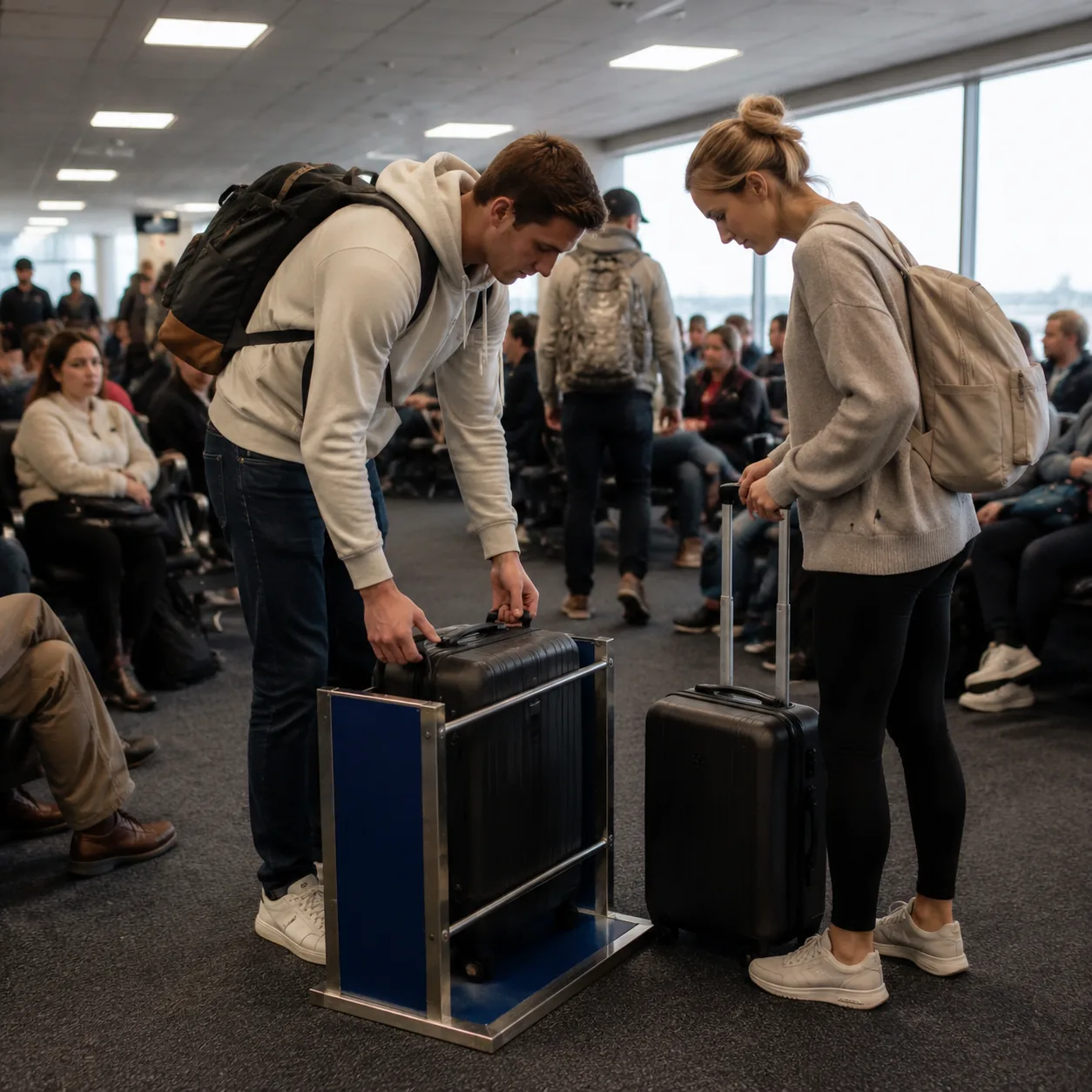 Budget airport boarding gate with travelers measuring carry-on bags beside a sizer box, crowded seating and bright overh