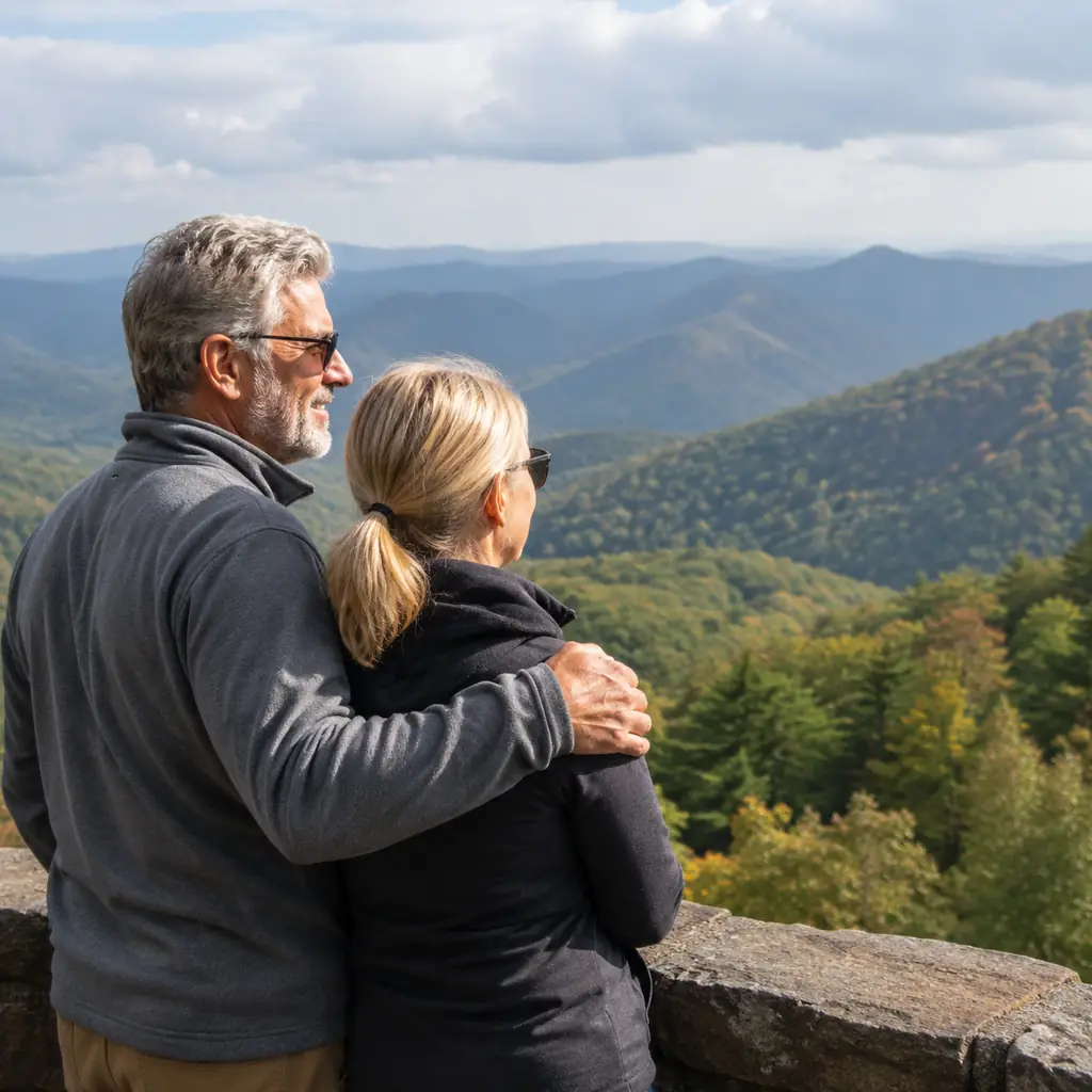 mature couple at an open Smoky Mountains overlook along Foothills Parkway Tennessee, realistic travel editorial photogra