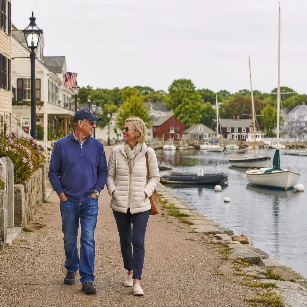 mature couple strolling a historic harbor street in Stonington Borough Connecticut with small sailboats, realistic trave