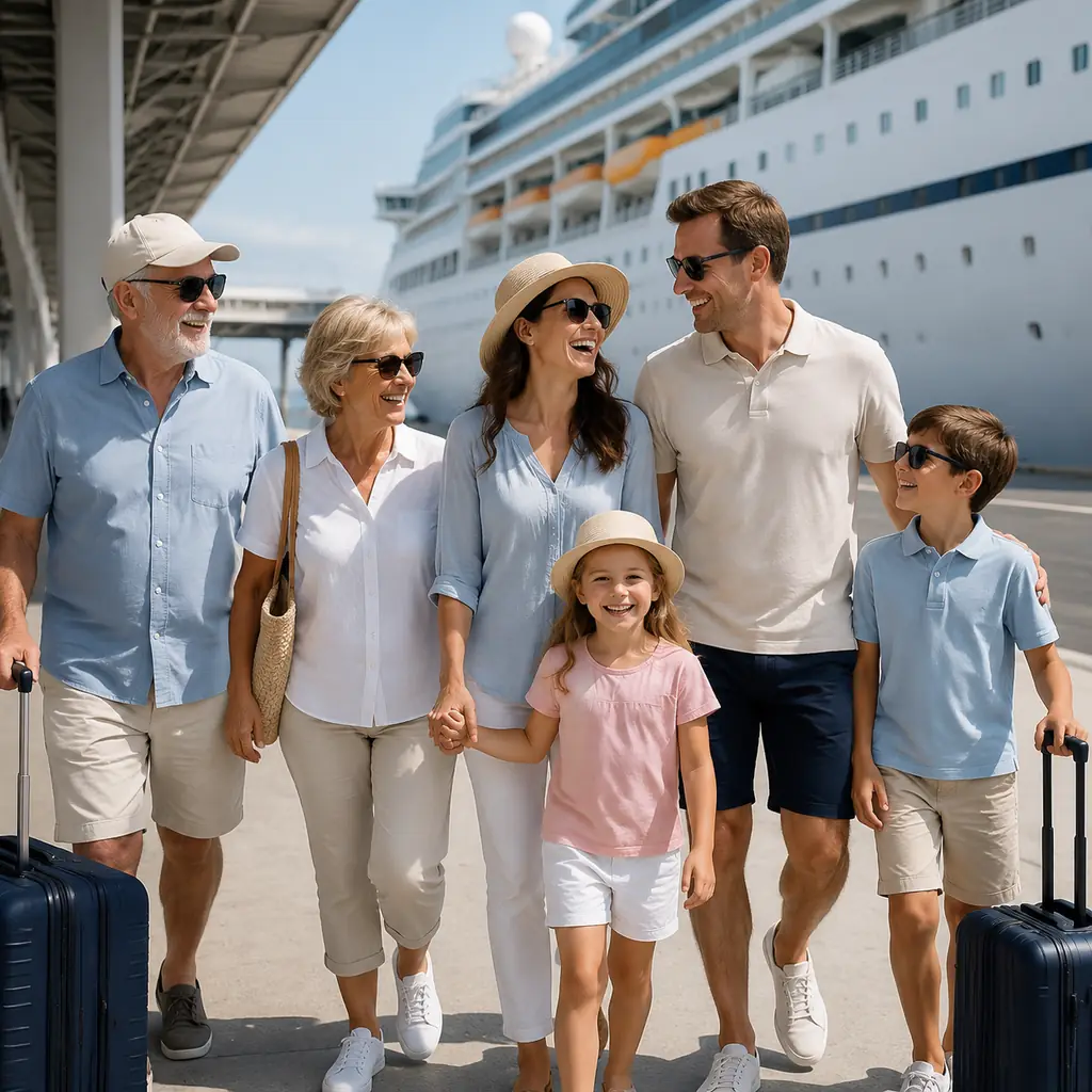 multi-generation family wearing tasteful coordinated plain-color shirts at a cruise terminal with no words or logos, rea