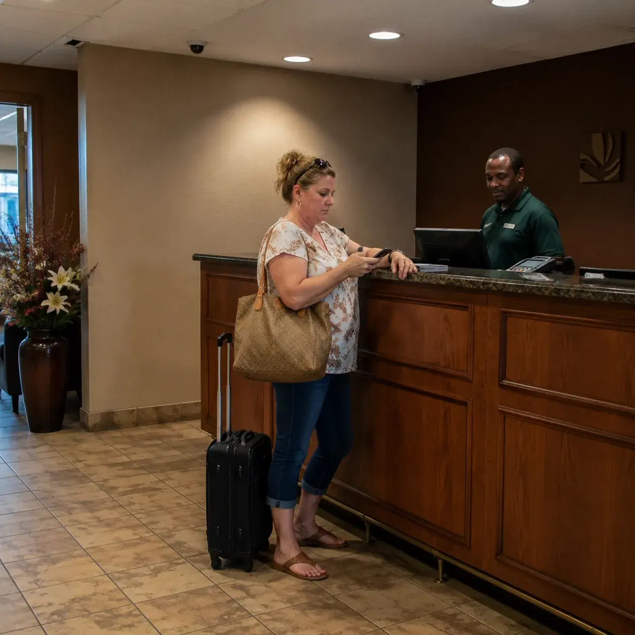 Quality Inn lobby with outdated reception desk, worn tile floor, silk flower arrangement in corner, middle-aged American