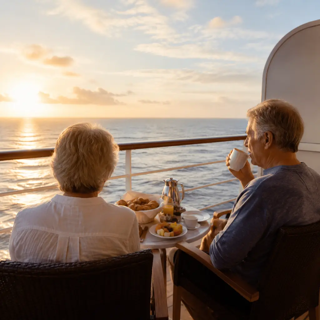 quiet cruise balcony breakfast tray with coffee fruit and pastries for an older couple at sunrise, realistic travel edit