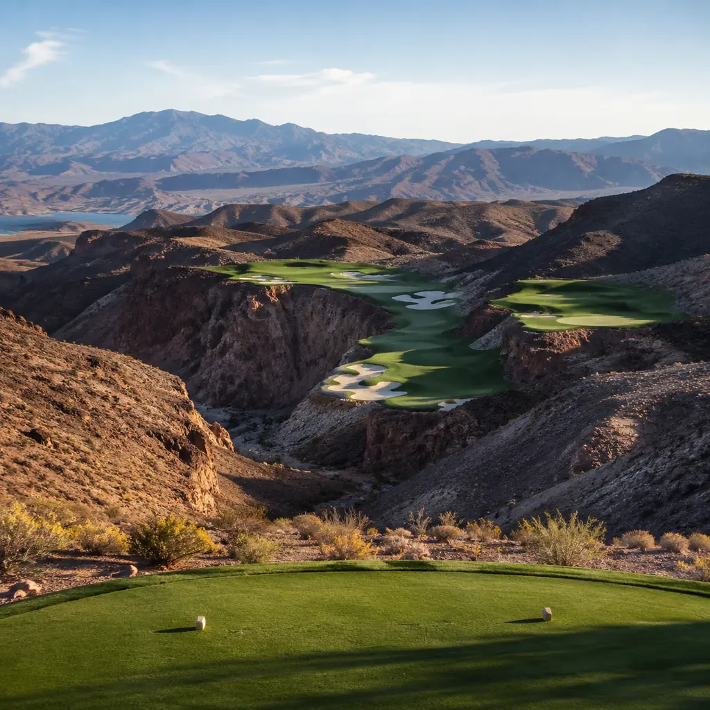 Realistic editorial photo of a dramatic Nevada desert canyon golf course with steep fairway drops, white bunkers, red br