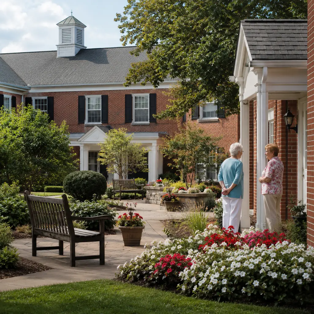 Realistic editorial photo of a mid-sized Pennsylvania retirement community courtyard with colonial style brick buildings