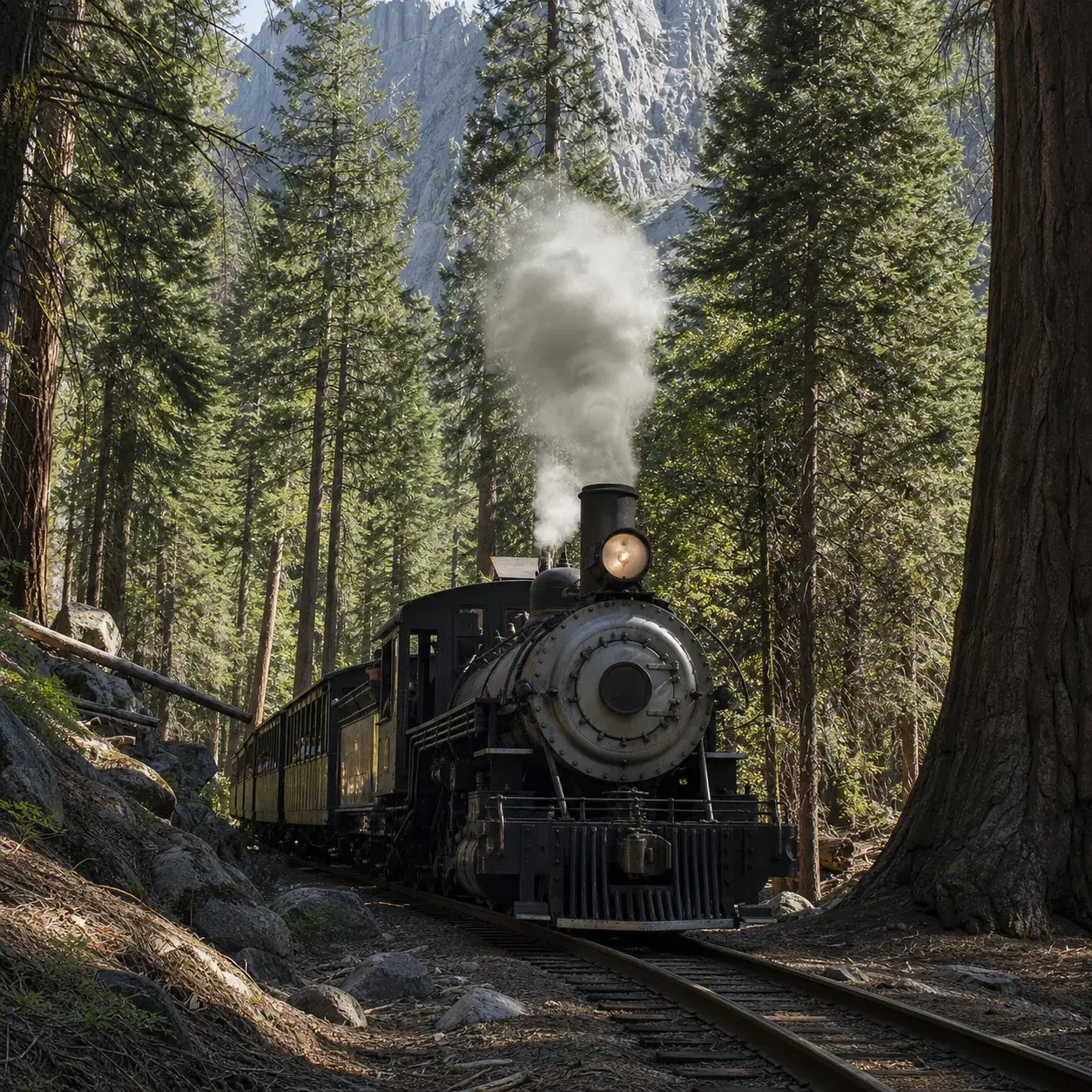 Realistic editorial photo of a narrow gauge steam train moving through Sierra Nevada pine forest near Yosemite with tall