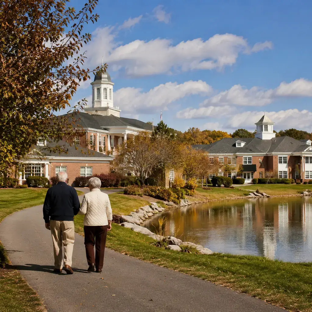Realistic editorial photo of a nonprofit lifecare retirement community with brick buildings and white cupolas in the Mer