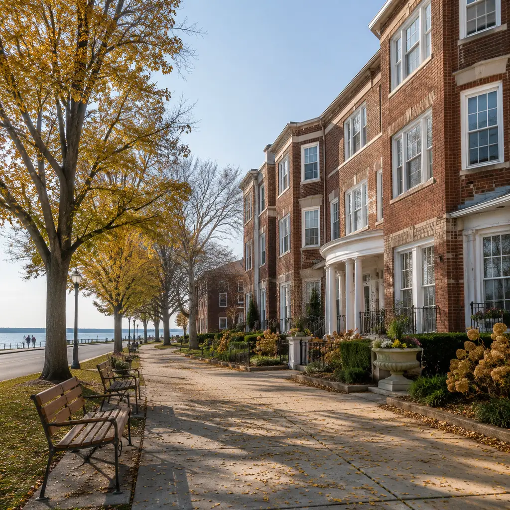 Realistic editorial photo of a stately brick senior residence building near a tree lined boulevard with autumn leaves, p