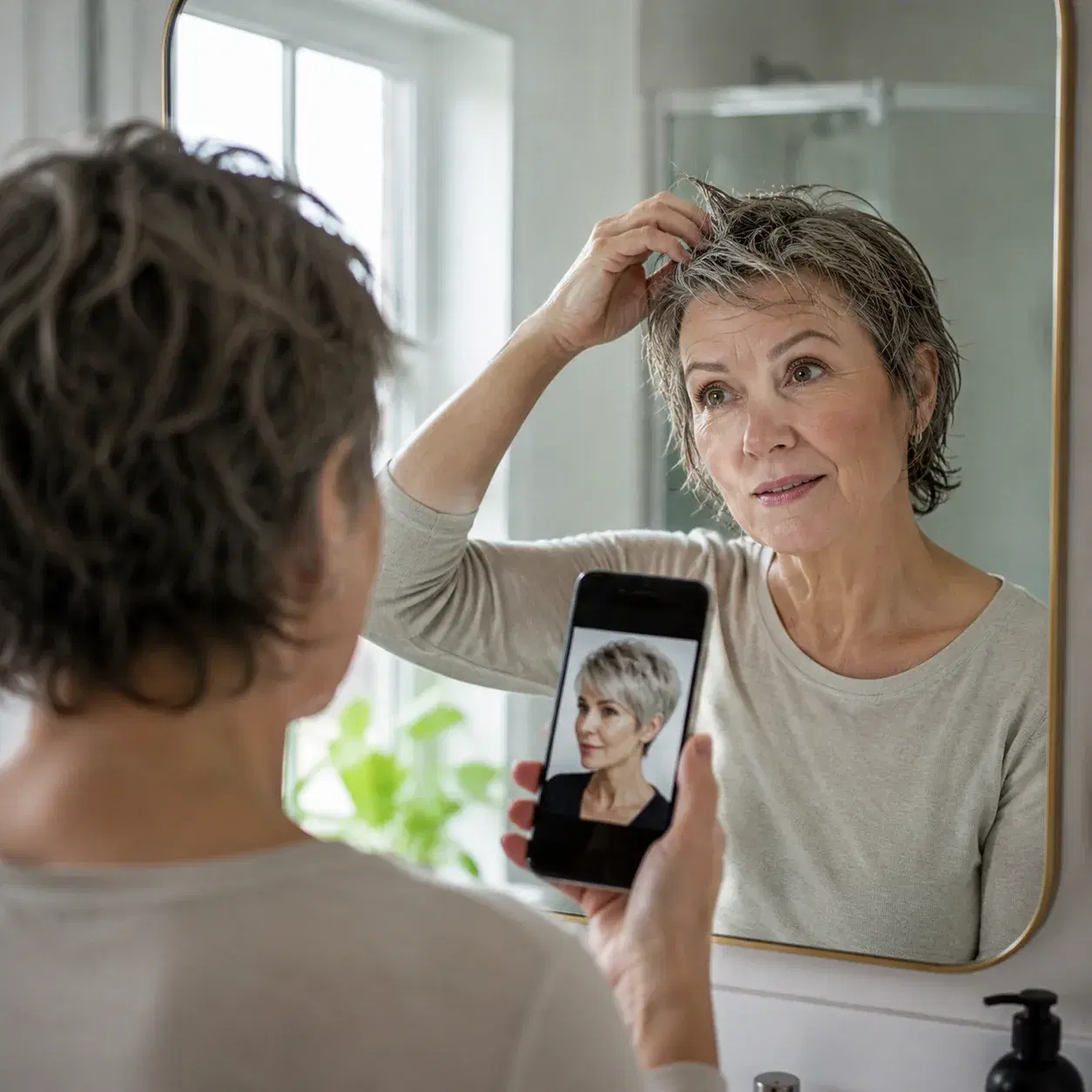 Realistic editorial photo of a woman over 50 comparing a trendy haircut inspiration photo on a phone with her freshly wa