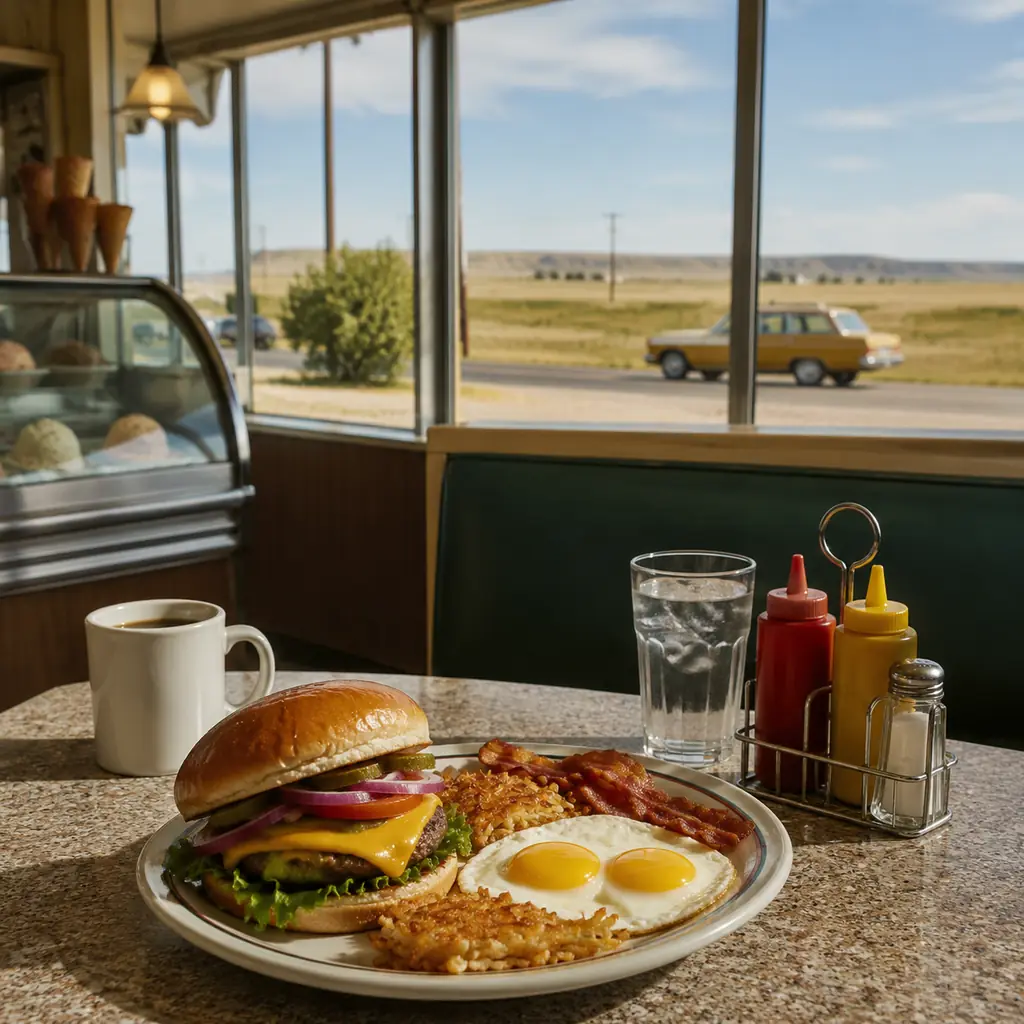 regional plains roadside restaurant with burger breakfast plate and small ice cream counter no logos, realistic travel e