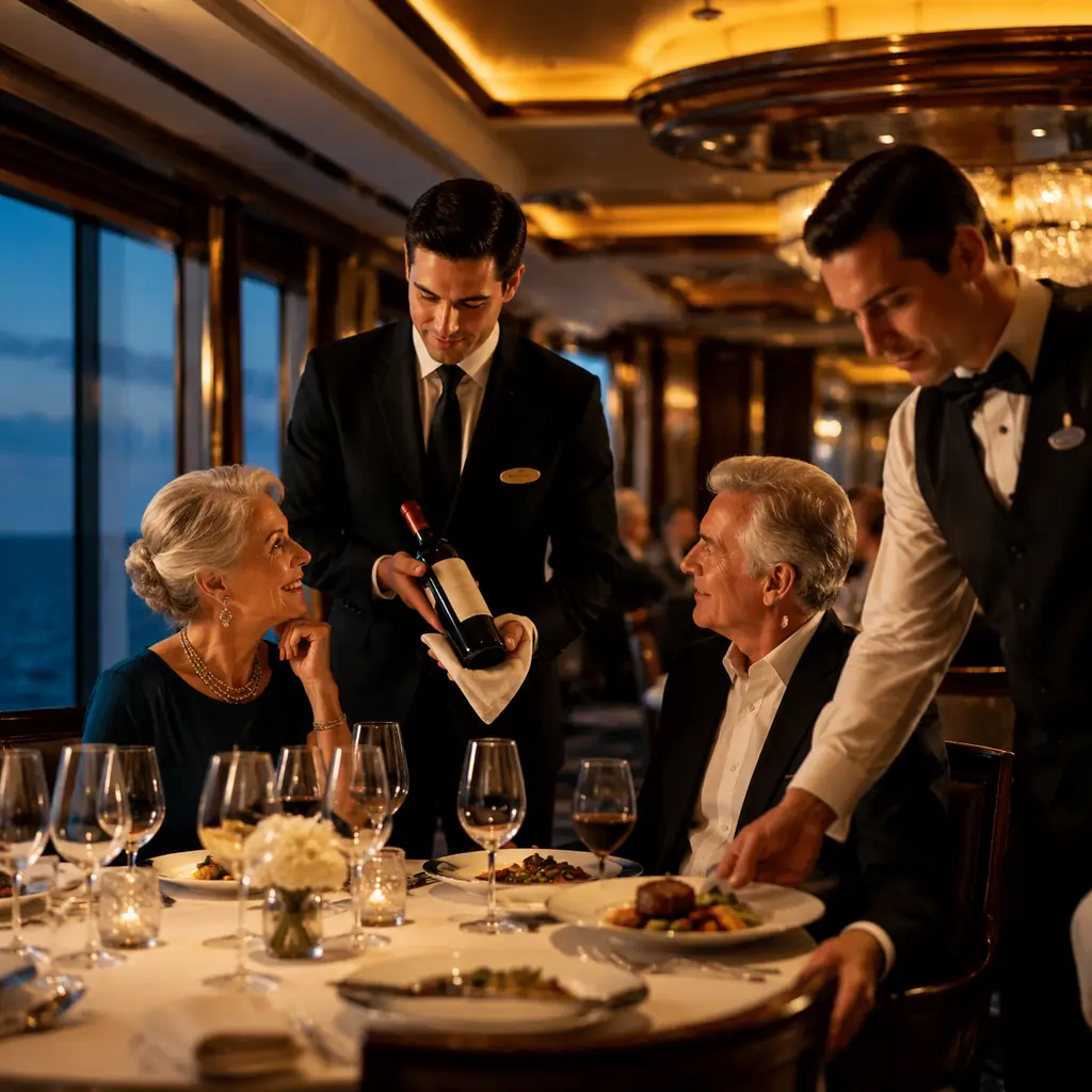 traditional cruise dining room wine steward presenting a bottle to an older couple while their waiter serves dinner near