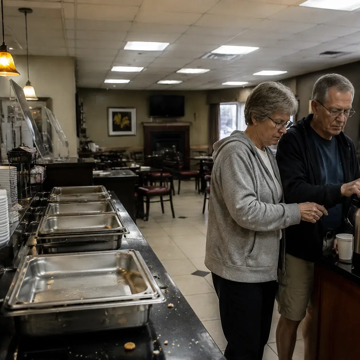 Comfort Inn breakfast area with empty warming trays, scattered crumbs on table, tired older American couple pouring coff
