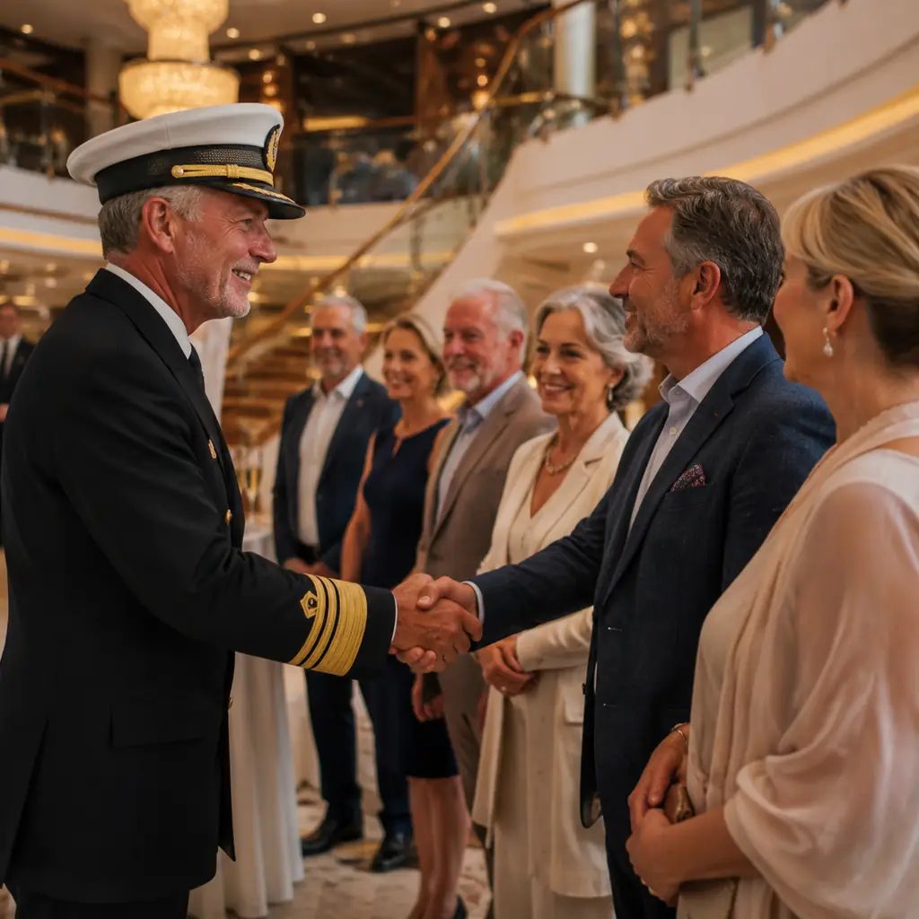 cruise captain in formal uniform greeting a line of smartly dressed mature passengers at an intimate welcome reception, 