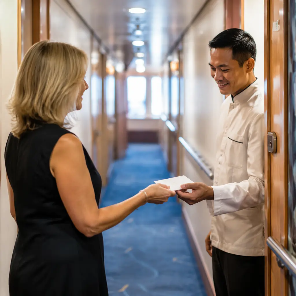 cruise guest respectfully handing a small thank you envelope to a cabin steward in a bright corridor, realistic travel e