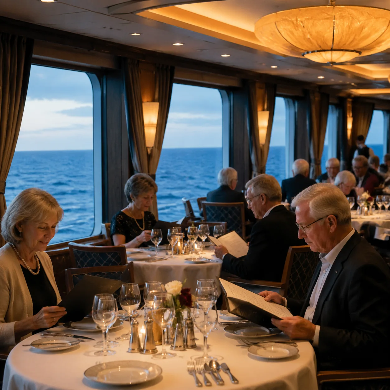 Cruise ship restaurant with mature travelers reading menus at neatly set tables, warm indoor lighting and ocean view win