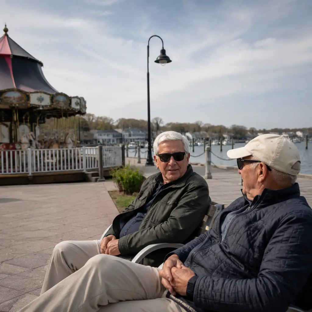 older friends relaxing beside the harbor carousel area in Greenport New York on a quiet weekday morning, realistic trave