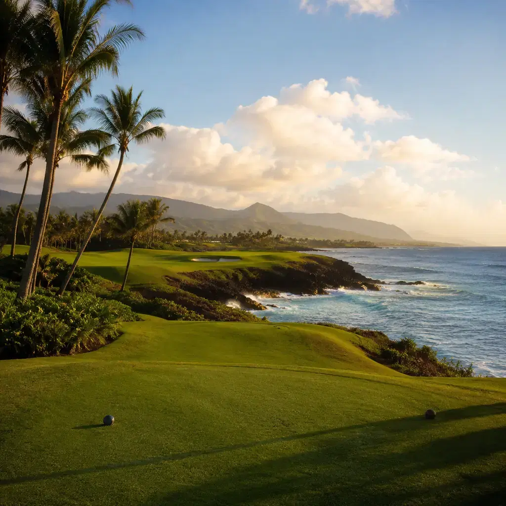 Realistic editorial photo of a Kauai oceanfront golf hole with green fairway, cliffs, palm trees, Pacific water, and sof