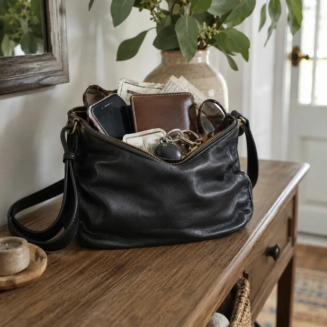 Realistic editorial photo of a small shoulder bag bulging with wallet, phone, keys, sunglasses, and receipts on a hallwa