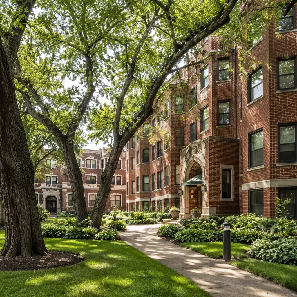 Realistic editorial photo of a traditional brick retirement residence with a landscaped courtyard and mature oaks in a h