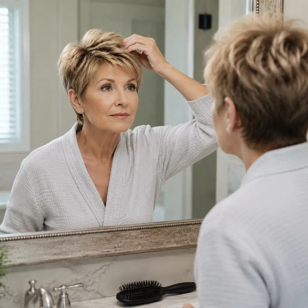 Realistic editorial photo of a woman over 50 checking a short haircut with flat crown volume after washing, bathroom mir