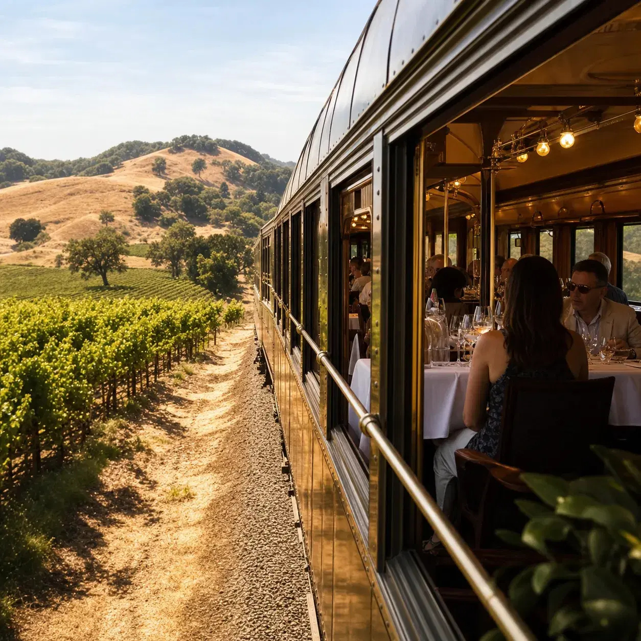 Realistic editorial photo of an elegant vintage dining train passing Napa Valley vineyards with golden hills, grapevines