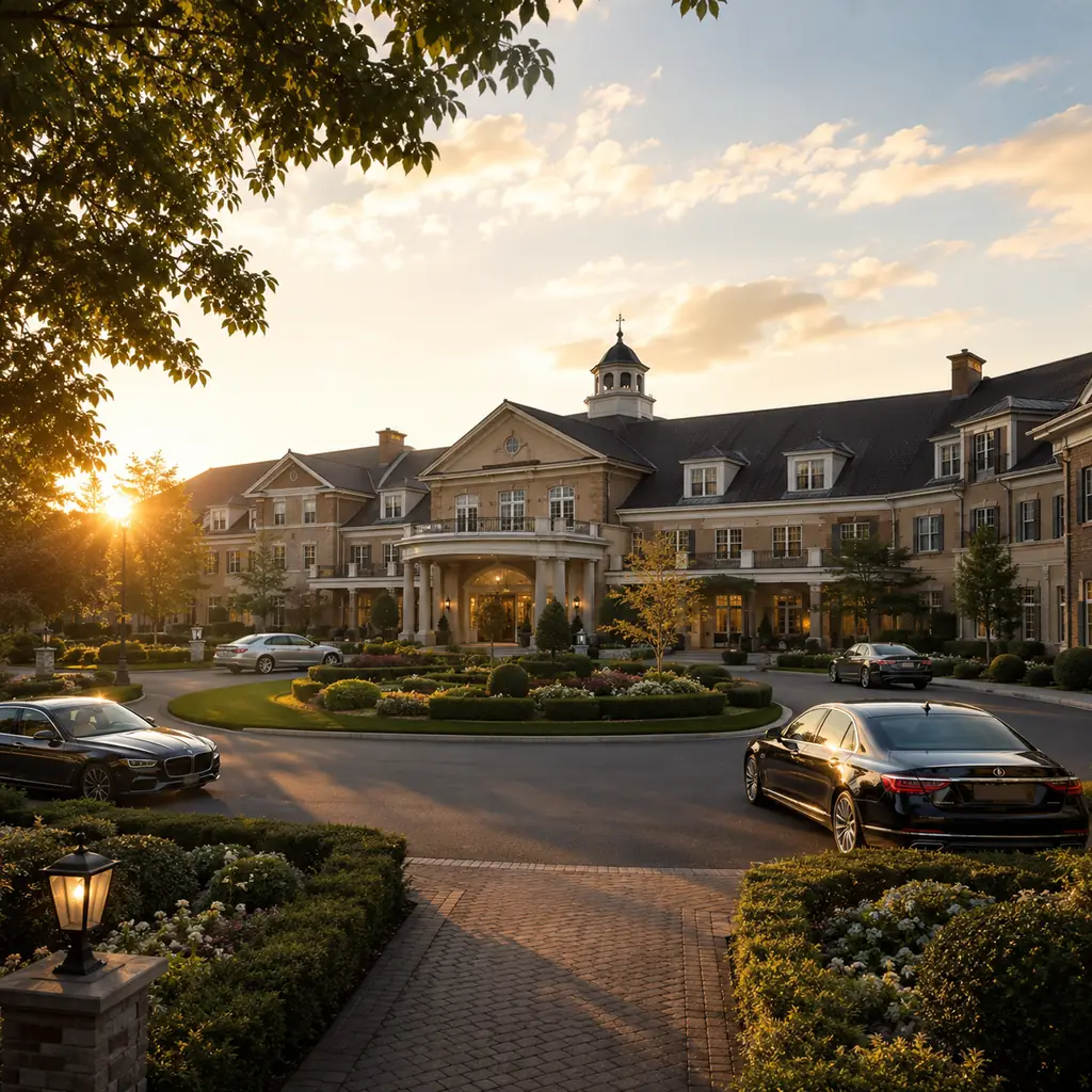 Realistic editorial photo of an upscale Pennsylvania retirement community with a stately main building, manicured hedges