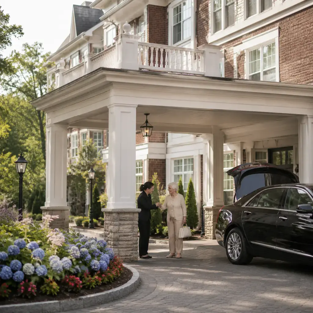 Realistic editorial photo of an upscale rental retirement residence with elegant brick facade and landscaped entrance in